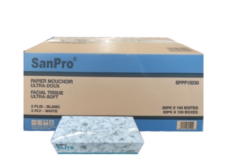 SanPro® ELITE Ultra-Soft Facial Tissue 2 Ply CS/30PK x 100 Sheets.